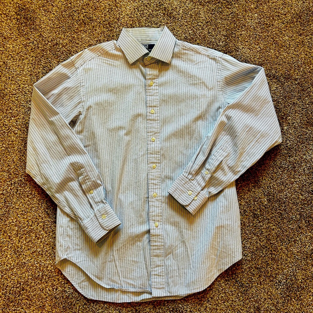 16” neck polo dress shirt. Lightly worn with blue and black pin stripes